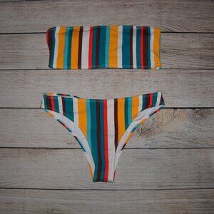 Striped Bandeau Strappy Back 2 Piece Bikini Swimsuit M